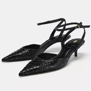 ZARA EMBOSSED SLINGBACK SHOES - POINTED TOE HEELS - SNAKE TEXTURE KITTEN HEELS
